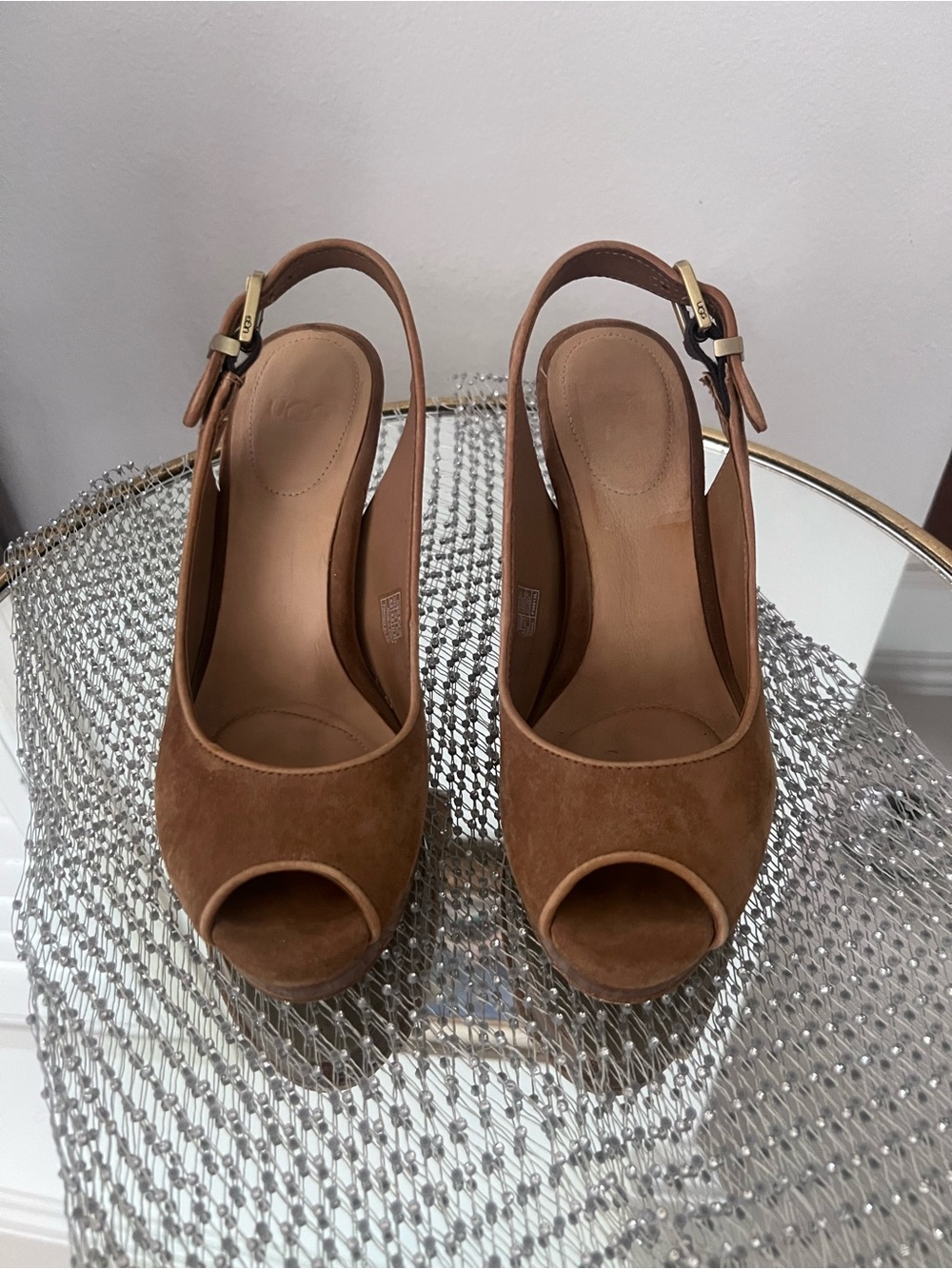 UGG Tan Suede Peep-Toe Slingback Wedges
